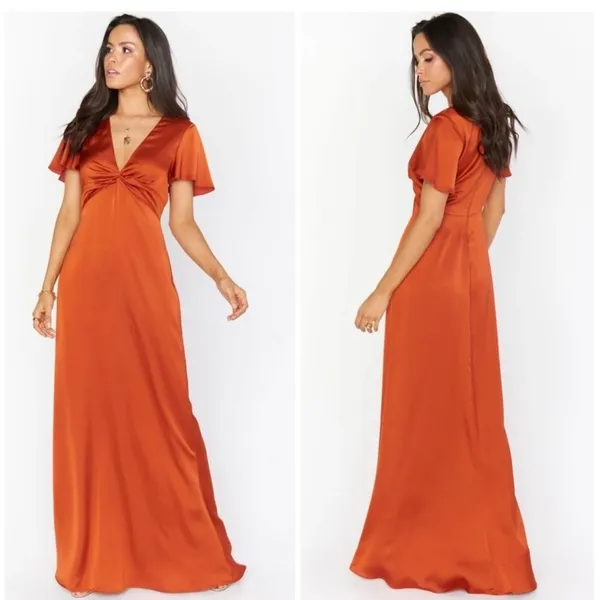 Show Me‎ Your Mumu Rome Twist Gown Burst Orange Satin V Neck Maxi Dress sz L - Image 2