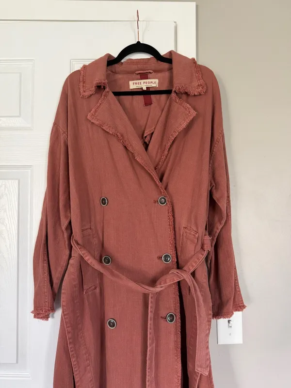 Free People Dusty Rose Long Coat Jacket Belted Double Breasted Trench Coat - Image 2