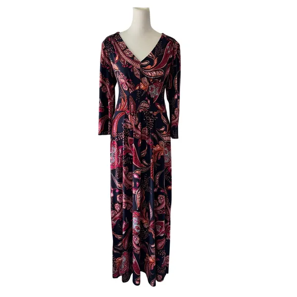 Maggy London Navy & Coral V-Neck Smocked Waist 3/4 Sleeve Stretch Maxi Dress - Image 2