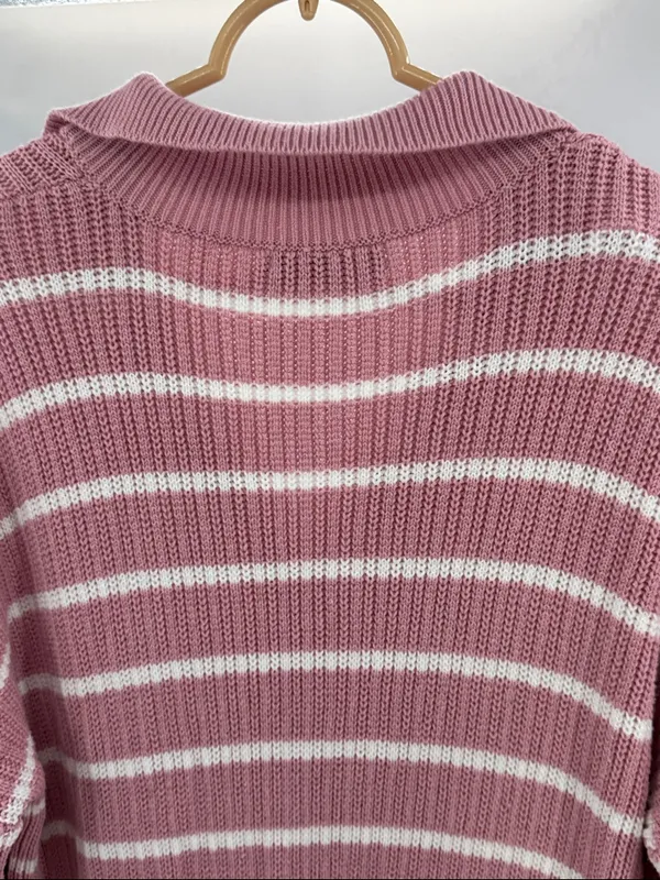 Merokeety Striped Pink sweater Maxi Dress v-neck Collared L side slits casual - Image 3