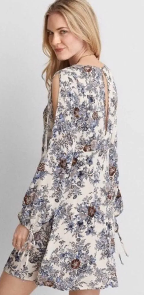 AMERICAN EAGLE OUTFITTERS Dress Cold Shoulder Blue Floral Boho Long Sleeve XS - Image 2