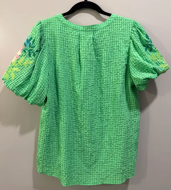 JODIFL Floral Embroidered Puff Sleeve V-Neck Blouse Green Multi - Image 2