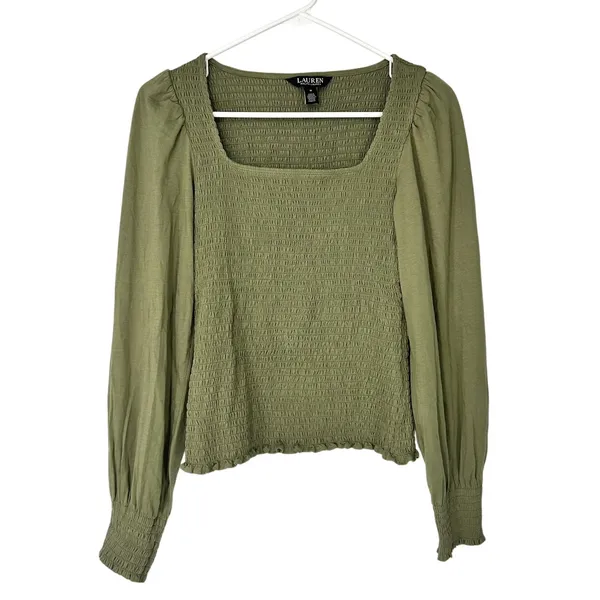 M Olive M Top Green Ralph Lauren Black Label Smocked Jersey Blouson Blouse - Image 2