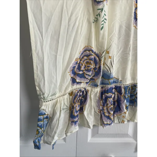 ZL Made With Love Floral Kaftan Top Womens OS Cream Blue Boho Tassel Rayon OS - Image 3