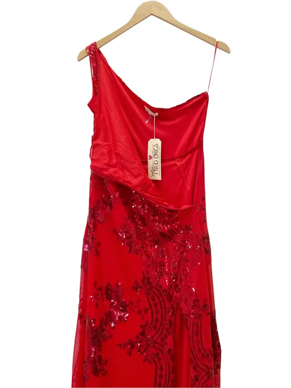 NWT Southern Fried Chics Gown Medium Red Sequin Floral One Shoulder Maxi Dress - Image 8