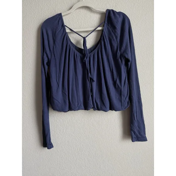 Free People We The Free Women's Medium Bondi‎ Blue Thermal Long Sleeve Crop Top Bohemian - Image 8