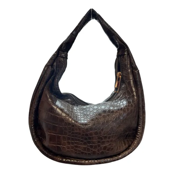PrettyLittleThing Brown Faux Croc Embossed Hobo Shoulder Bag Y2K Slouchy Purse - Image 3
