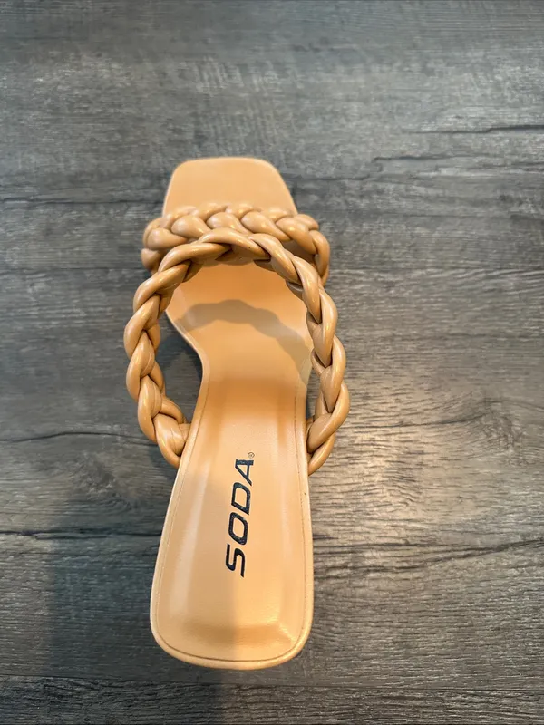SODA 11 Neutral Camel/Tan Braided Double-Strap Square Toe‎ Heels - Image 4