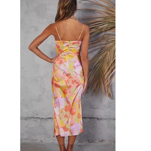 Runaway The Label Tammy Midi Dress S Floral Orange Yellow Satin Slit Retro New‎ - Image 10