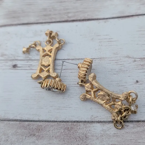Vintage Earrings for Pierced Ears Ornate Gold Tone & Clear Gem Statement Dangle - Image 5