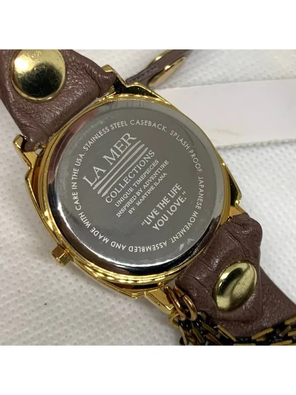La Mer Collections Double Wrap leather band Gold Tone 30mm Watch quartz running - Image 4