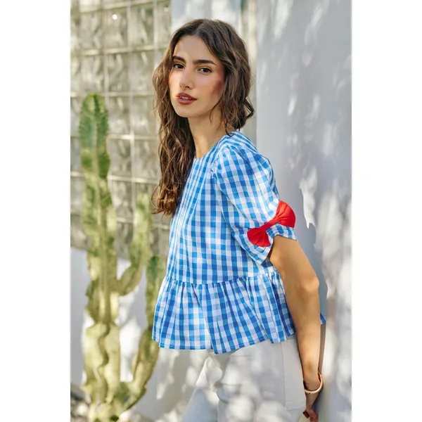 SO ME 4th Of July Gingham Ribbon Detail Short‎ Sleeves Blouse - Medium - Image 7