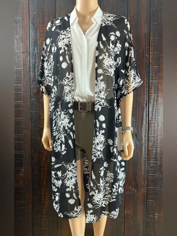 Calvin Klein Black White Floral Chiffon Cover-up Cardigan NWT 4 - Image 2