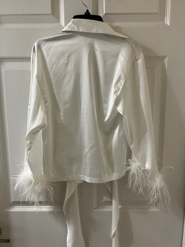 Shop Rumours Feather Trim Silk Top White - Image 2