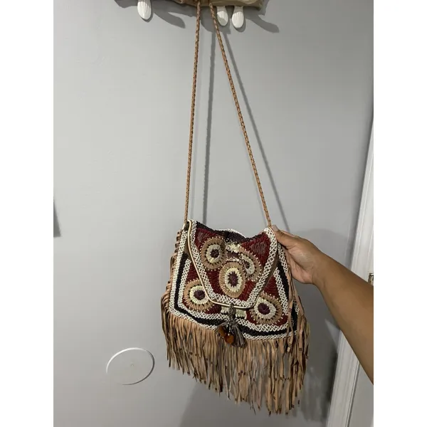 ibBan Anthropologie Beaded Boho Hobo Tote Shoulder Fringe Western Bag P - Image 2