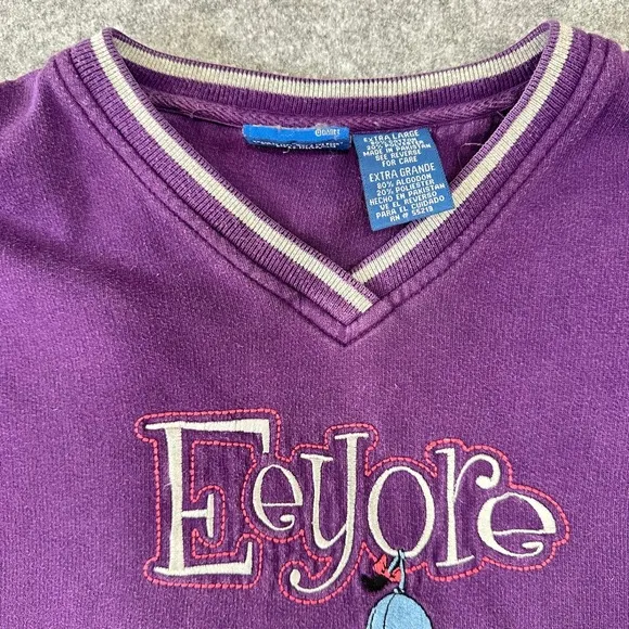 Vintage Disney Pooh Eeyore Purple V-Neck Sweatshirt Embroidered Extra‎ Large XL - Image 4