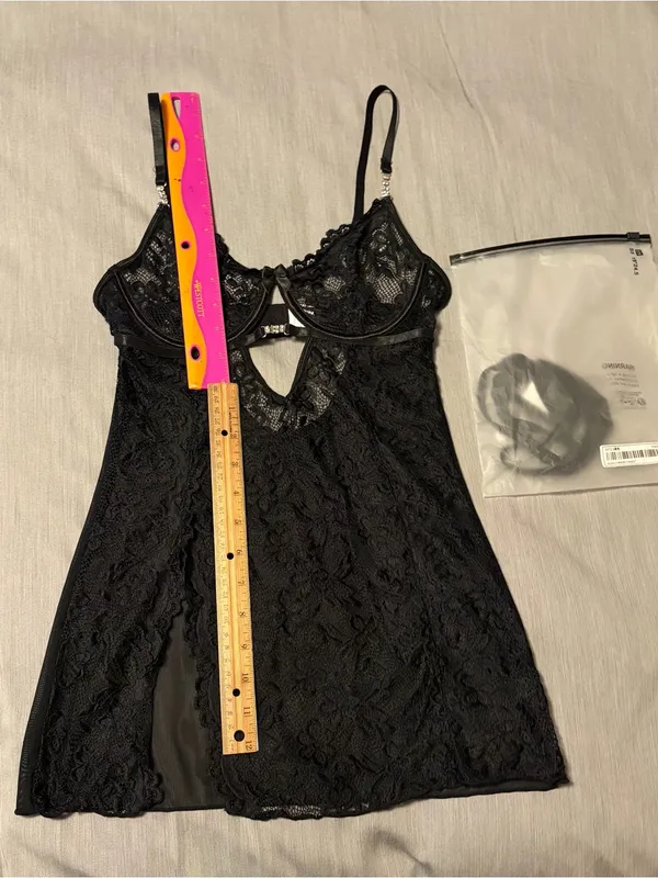 Shein Small Black Lace Mesh High Slit Mini Lingerie Dress, Rhinestone Wired Cups - Image 5