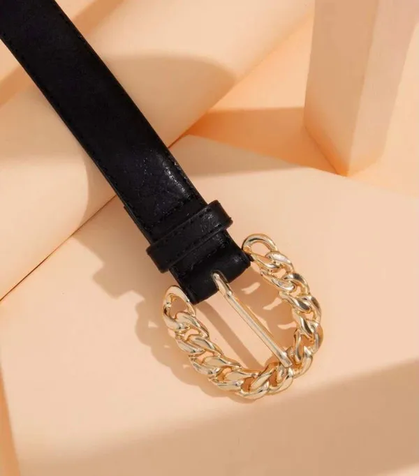 NWT Black Faux Leather Belt W Chain Design Buckle - Image 3