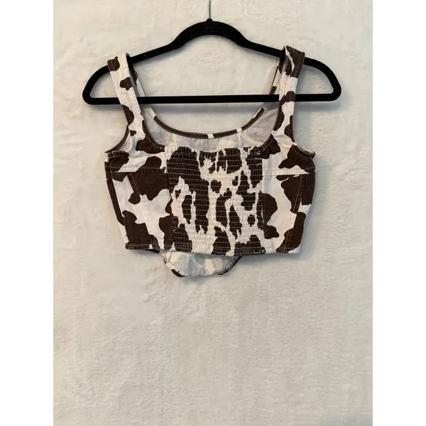 Lone Star Cow Print Corset Top Womens Small Brown White Denim Smocked Crop Tank - Image 3