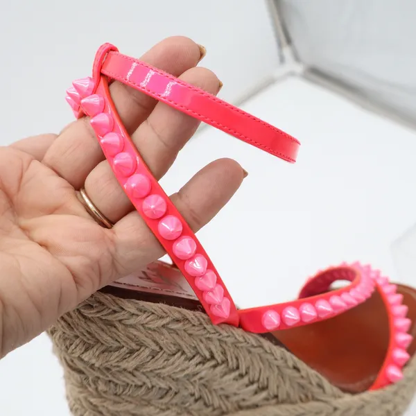 Christian Louboutin Neon Pink Studded Espadrille Wedge Sandals 38 - Image 9