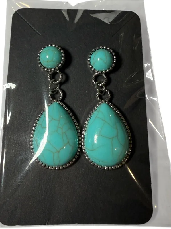 Turquoise Teardrop Dangle Earrings Boho Western Textured Silver Border Stud Blue - Image 3