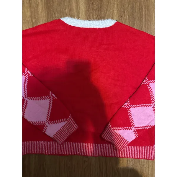 Holiday Time Womens Red Pink Argyle Teddy Bear Ugly Christmas Sweater Lg 12-14‎ - Image 4