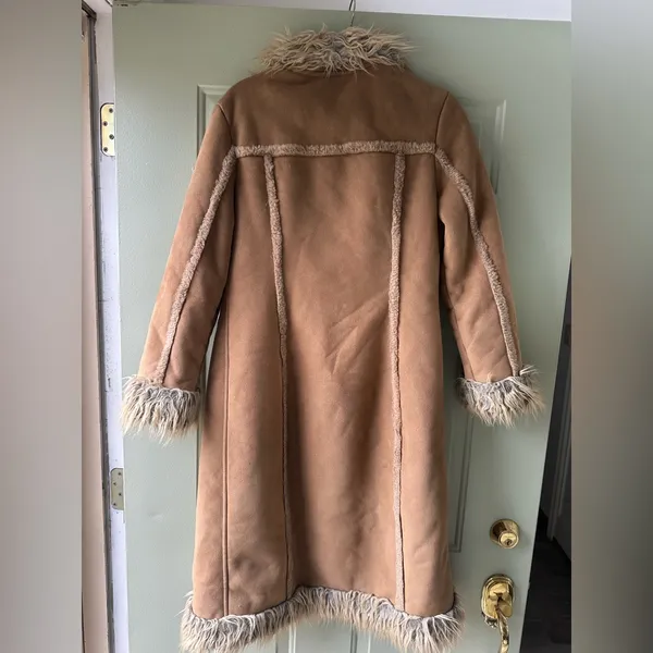 Faux Suede Tan Women's Long Coat with Faux Fur Trim - Image 2