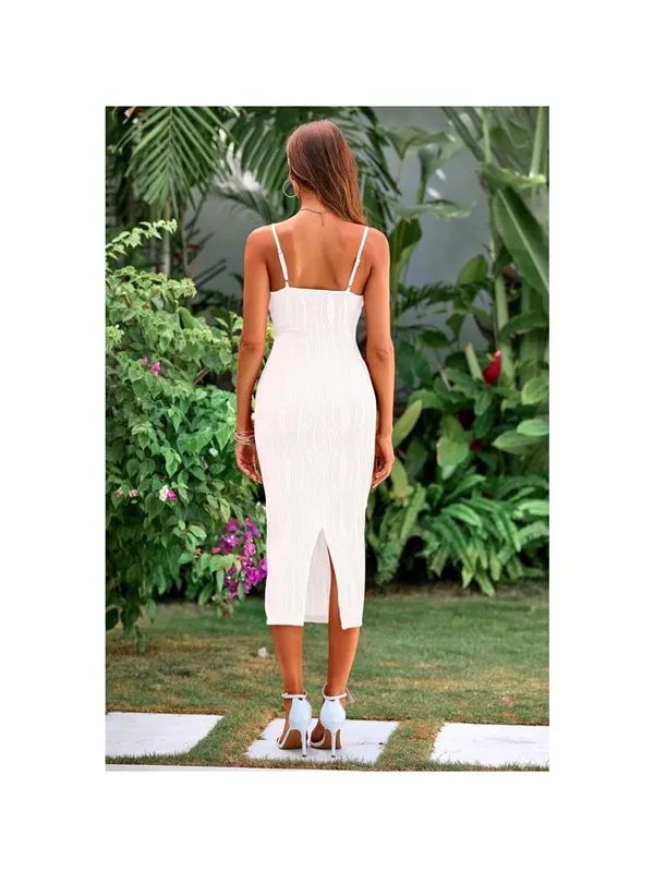 Slim Fit White Midi Dress with Spaghetti Straps - Image 2
