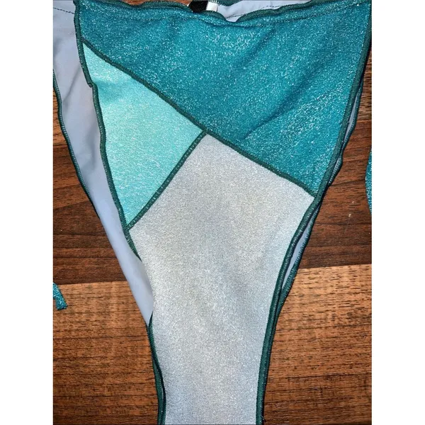 PrettyLittleThing Blue Teal Metallic Patchwork Tie-Side Bikini Bottom - Image 3
