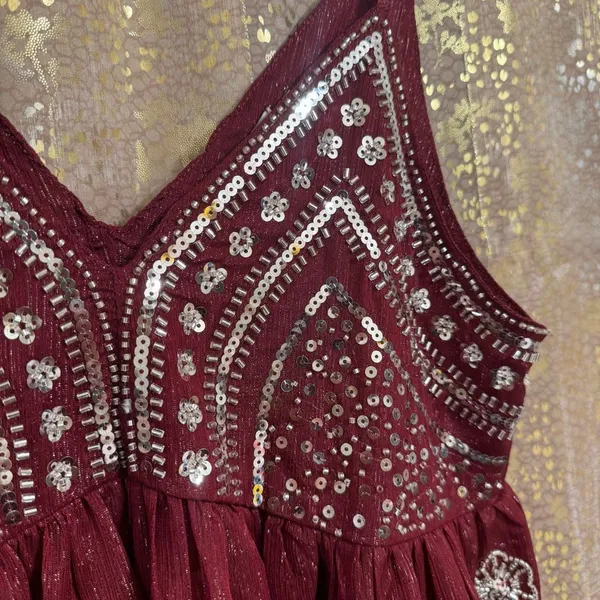 LC collection Burgundy Beaded Sequin Sheer Chiffon Cami Tank Top S NWT - Image 4