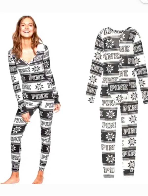 Victoria's Secret Pink Thermal Onesie Snowflake Pajamas Size M - Image 2