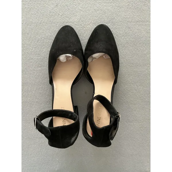 Nine West Block Heel Pumps Size 10M Black Suede Ankle Strap Metallic Trim - Image 2