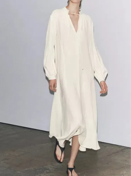 Zara ZW Collection Oyster White V-Neck Tie Front Long Sleeve Midi Dress Large - Image 11