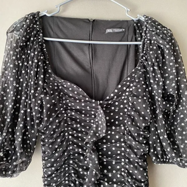 ZARA Polka Dot Ruched Mini Dress M Black‎ - Image 5