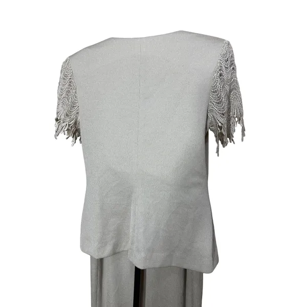 Cachet Womens 8 Champagne Metallic Skirt Suit Set Lace Fringe Rhinestone Formal - Image 7