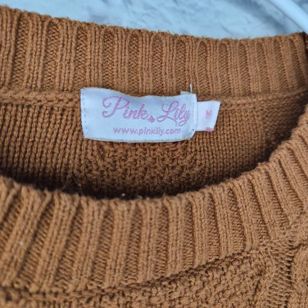Pink Lily Fringe Sleeve Cable Knit Sweater Brown M Western Boho Fall Cowgirl Top - Image 7