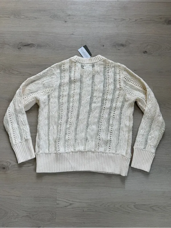 Style & Co. Cream Cable Knit Sequin Crewneck Sweater - Image 3