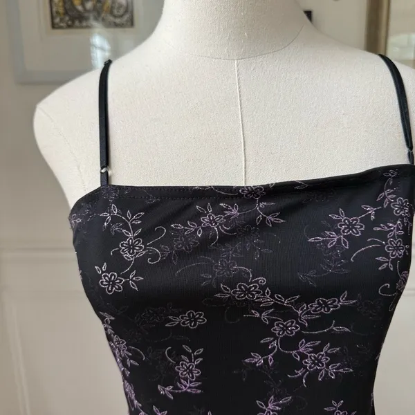 Vintage 90s Next Up Black Purple Glitter Flower Hi Lo Dress S - Image 3