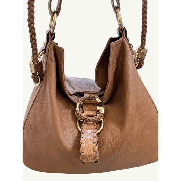 Gucci G Wave Large Hobo Bag Brown Pebbled Leather Rare Crocodile Trim 232931 - Image 3