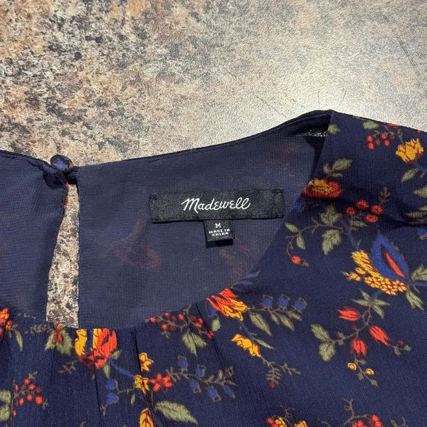 Madewell Ruffle Dark Floral Navy Blue Top Boho Cottagecore Romantic Feminine M - Image 3