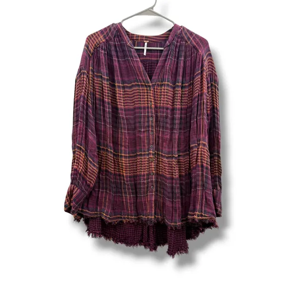 Free People Come On Over Tunic XS Purple Orange Plaid Raw Hem Gauze Boho‎ Top - Image 2