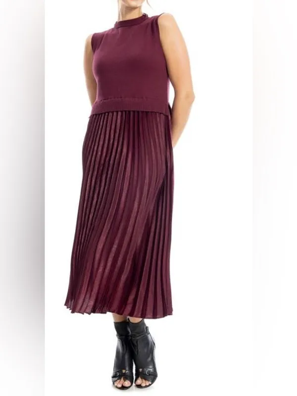 NWT MAX STUDIO Mock Neck Sleeveless Twofer Dress Large, WINE - Image 5