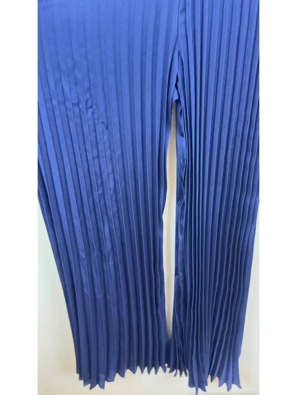 Abercrombie & Fitch Giselle Pleated Satin Jumpsuit Navy Blue XXSP Wide Leg - Image 7