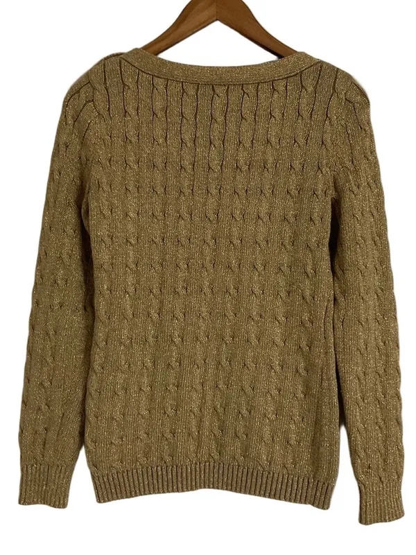 Lauren Ralph Lauren Metallic Gold Cable-Knit Boatneck Sweater Size Medium - Image 2
