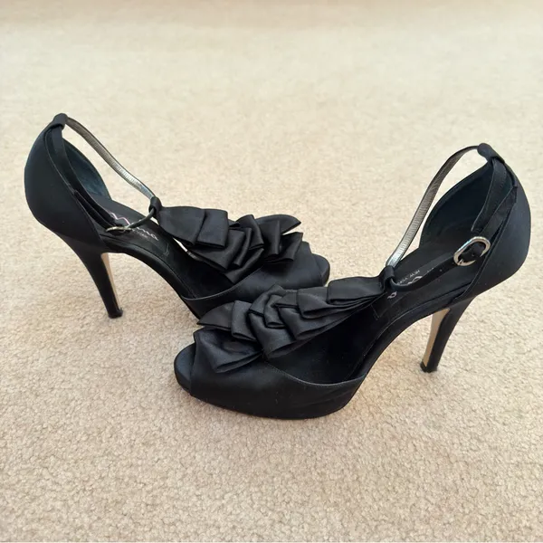 Nina Elga Black Satin Ruffle Platform Peep-Toe Stiletto Heels 7 - Image 4