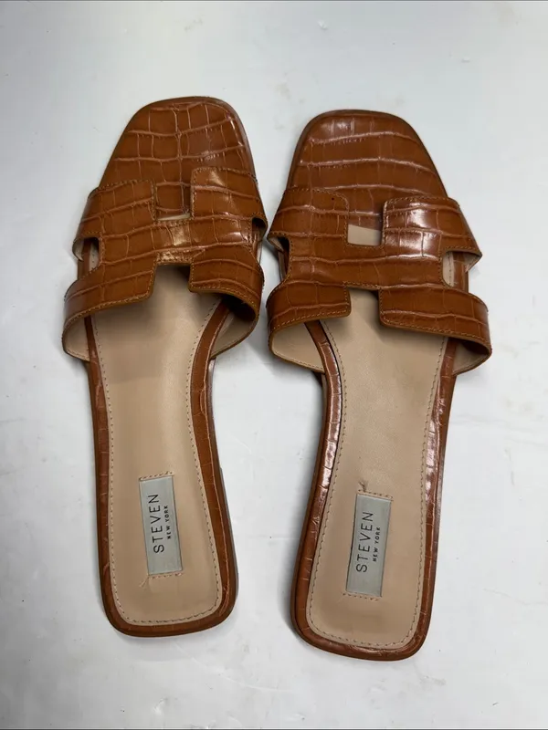 Steven By Steve Madden Tan Croc-Embossed Slide Sandals 11 casual neutral summer - Image 3
