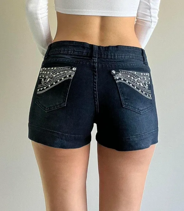 Blue Denim Embellished Shorts Size 9 - Image 4
