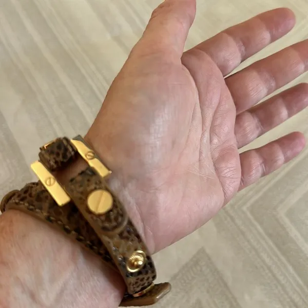 Tory Burch Brown/Tan Animal Print Leather w/ Gold Grommets Double Wrap Bracelet - Image 7