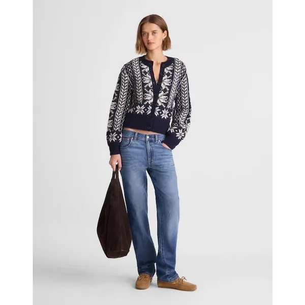 NEW Madewell Fair Isle Cardigan Jacket in Wool Navy Ivory Pattern Womens XL - Image 3