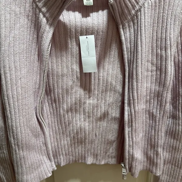 American Eagle Lilac Ribbed Full Zip Cardigan Sweater Mock Neck Lilac‎ Marl Med - Image 3
